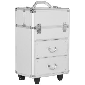 HOMCOM Rolling Makeup Train Case, Large Storage Cosmetic Trolley, Lockable Traveling Cart Trunk with Folding Trays, Swivel Wheels and Keys, Silver - S