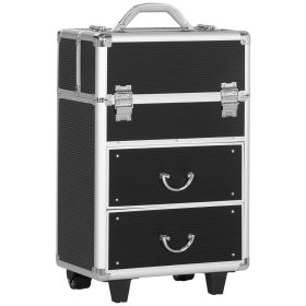 HOMCOM Black Rolling Makeup Train Case Large Storage Cosmetic Trolley Lockable Cart Trunk Swivel Wheels Keys - Black