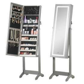 HOMCOM Lockable Jewelry Cabinet with Full-Length Mirror Floor Standing Organizer 4 Adjustable Angles Grey - Grey