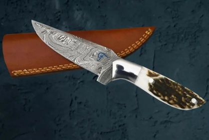 Damascus Steel Outdoor Knife | Antler Handle | Faneema Cutlery - Default Title